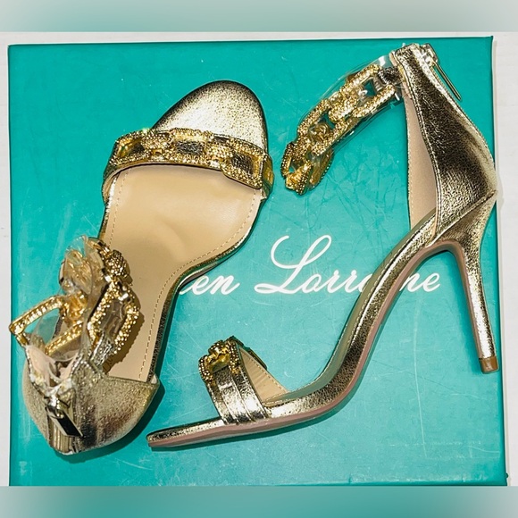LAUREN LORRAINE GOLD RHINESTONES OPEN CHAIN ANKLE STRAP WOMEN SANDALS SIZE 5.5 M - Picture 9 of 13